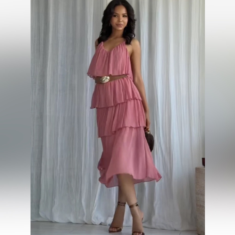 ZARA BELTED RUFFLED MIDI DRESS XL MARSALA